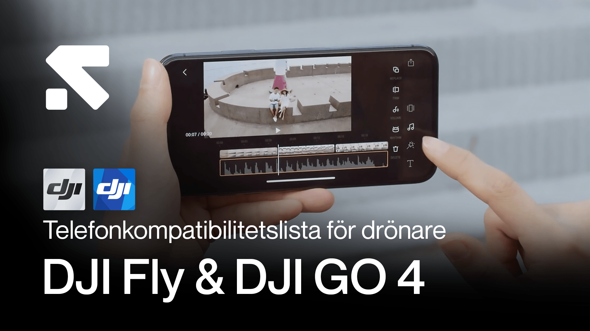En hand håller en smartphone som visar videoredigering i en app, med text om telefonkompatibilitet för DJI Fly och DJI GO 4 drönarappar. en-hand-haller.png