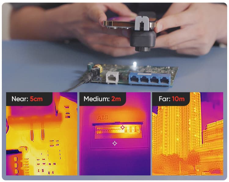En person använder en termisk kamera för att inspektera ett kretskort, med termiska bilder som visar olika avstånd: nära, medel och långt.