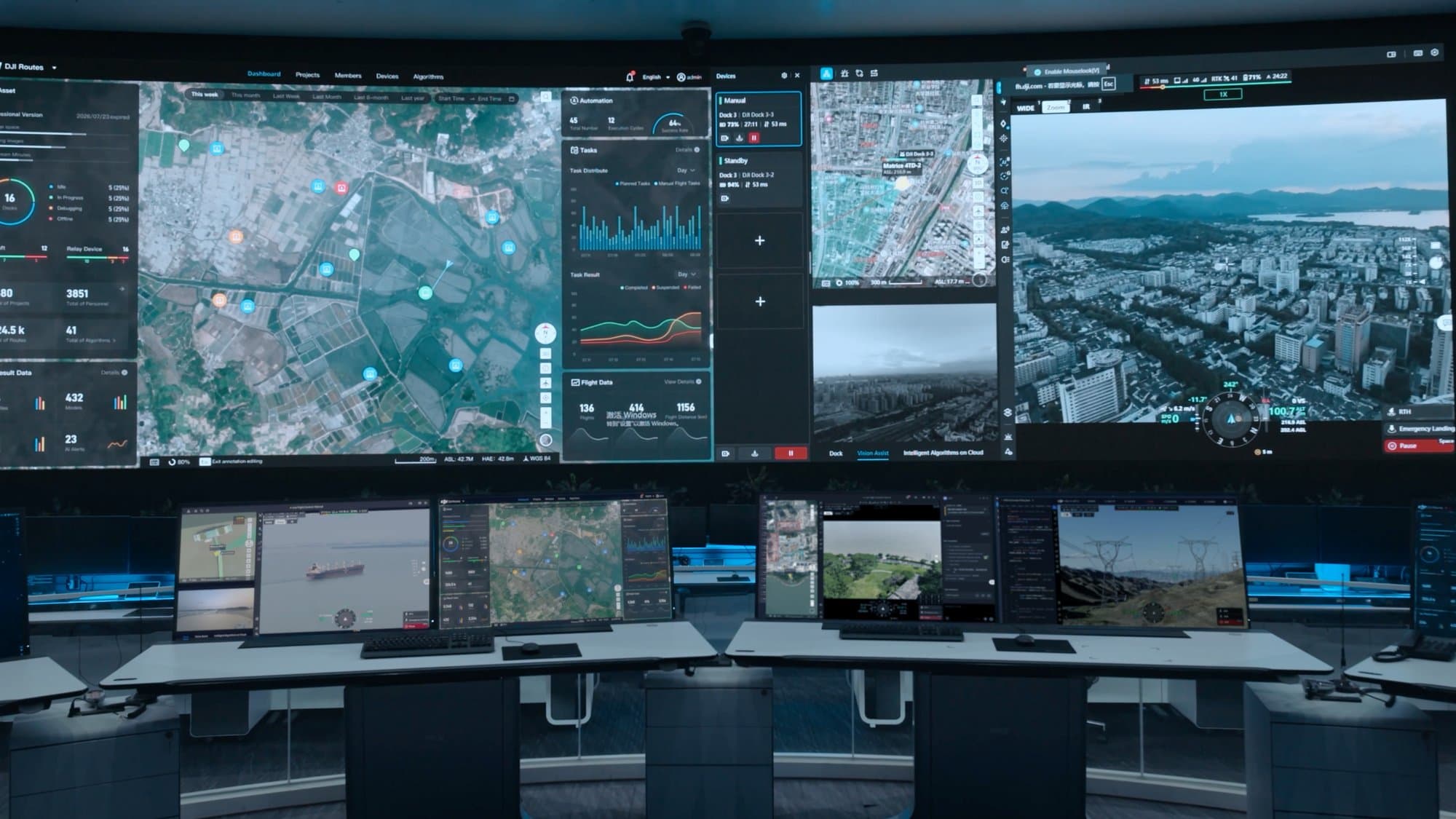 Ledningscentral med livebild och kartor i DJI FlightHub 2