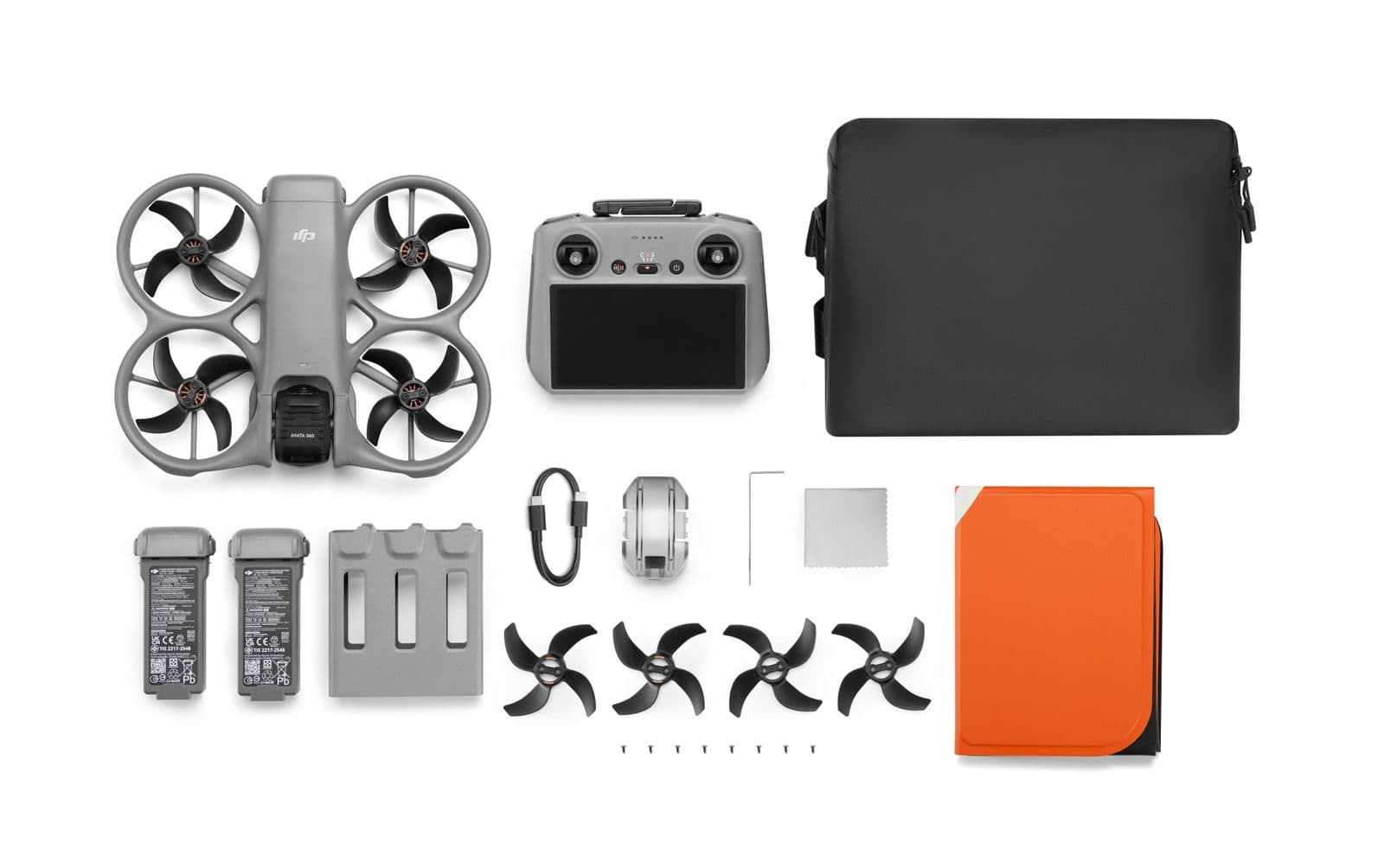 Bilden visar innehållslistan för DJI Avata 360 Fly More Combo (DJI RC 2).