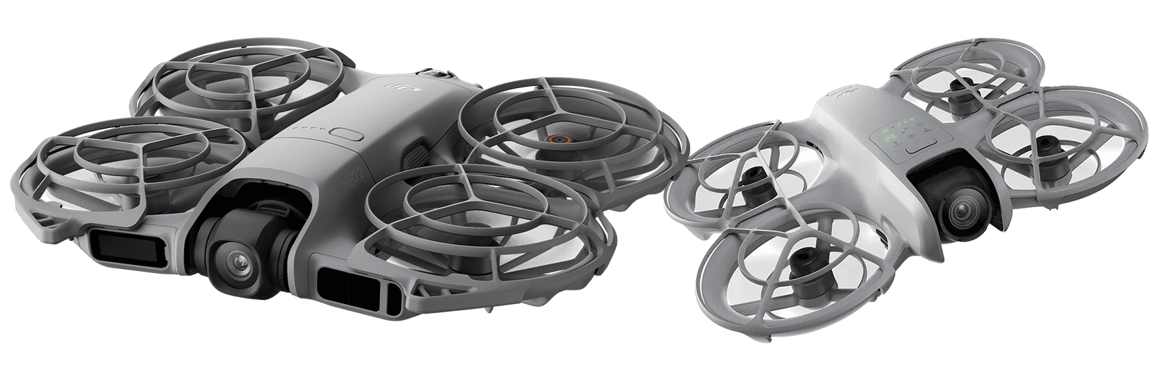 Två drönare, DJI Neo och DJI Neo 2, med skyddade propellrar och inbyggda kameror, designade för säker flygning och fotografering.