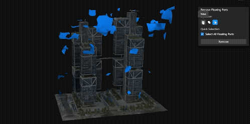 En digital modell av en futuristisk stad visar byggnader med blå markeringar som svävar runt dem, med ett användargränssnitt för att hantera flytande delar.