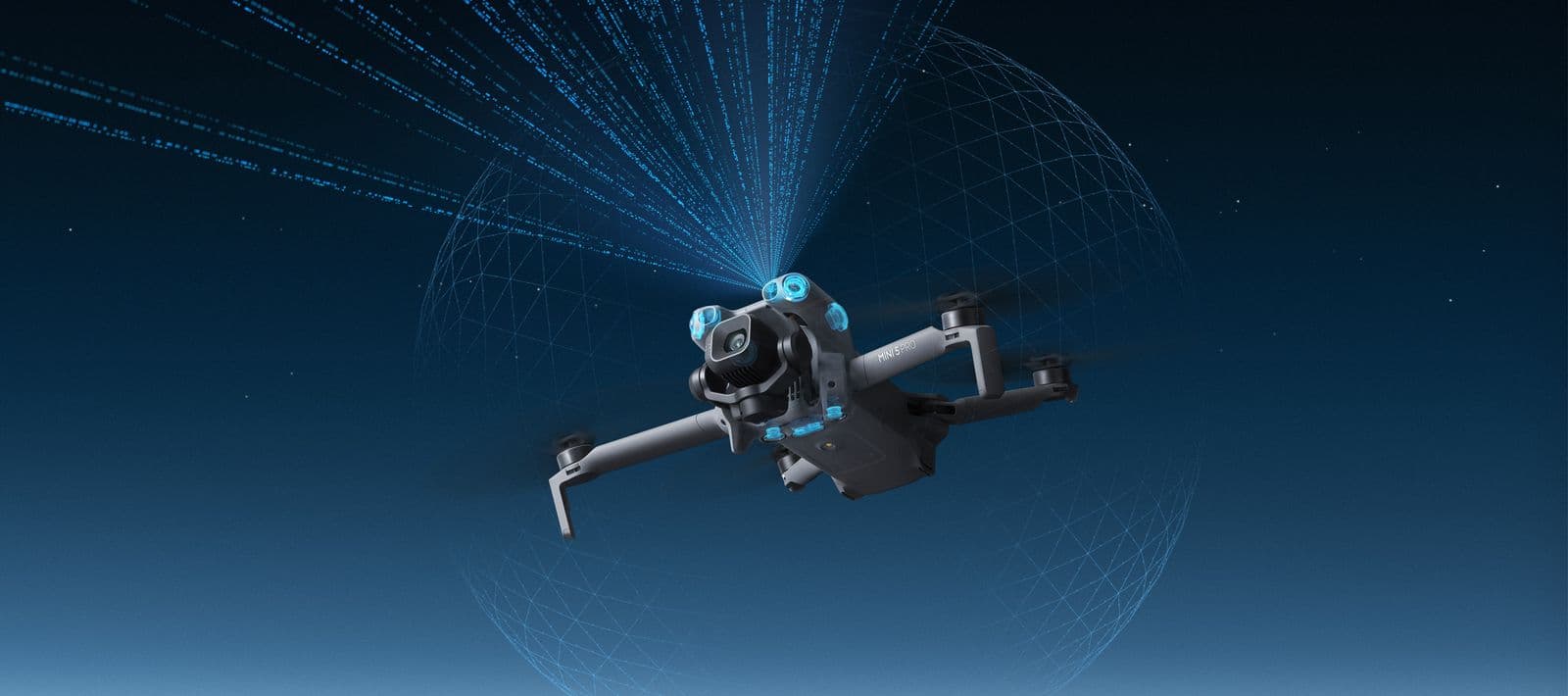 En avancerad drönare svävar i natthimlen, omgiven av ett nätverk av digitala dataflöden.