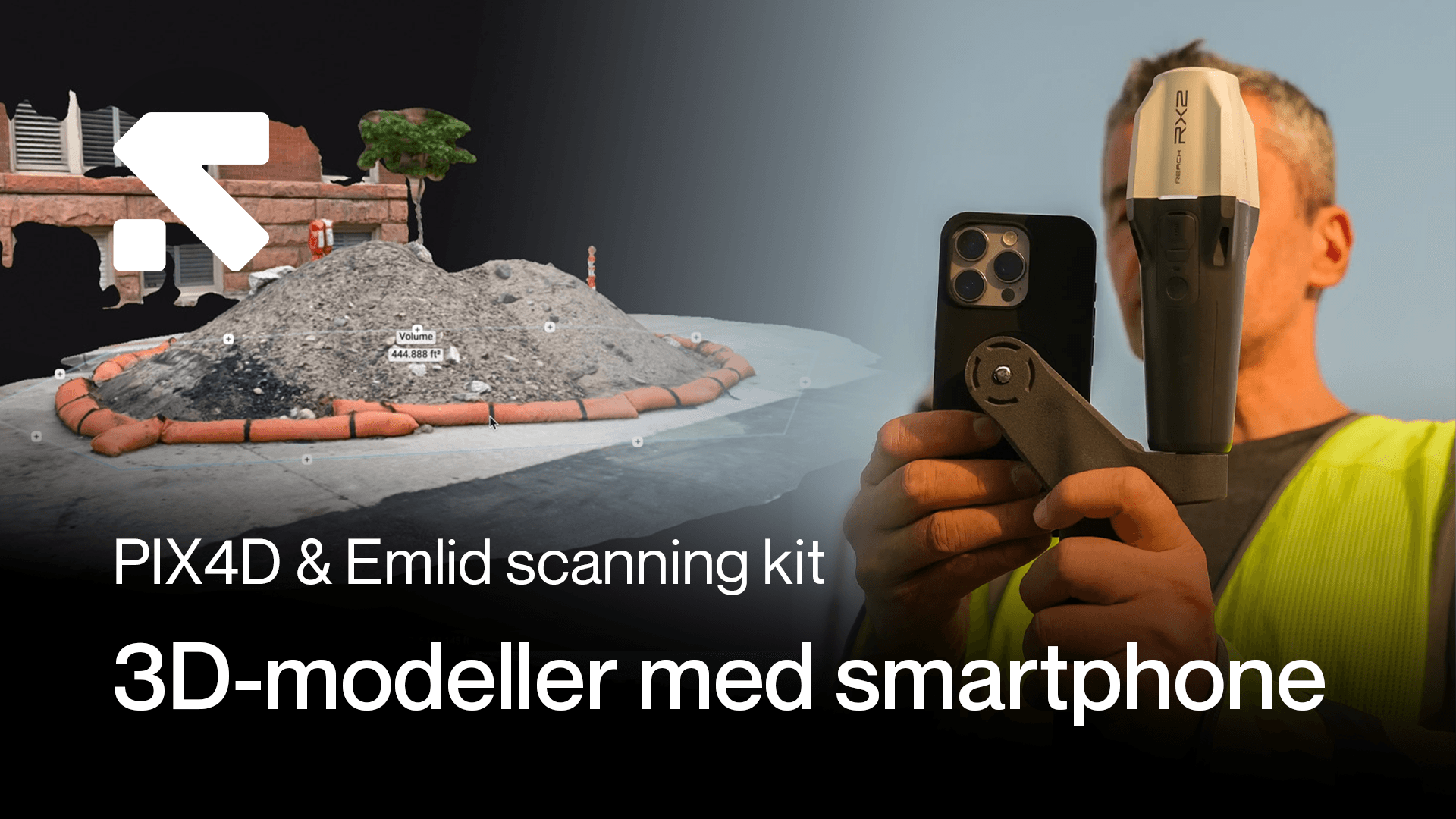 En person använder en smartphone med ett Emlid scanning kit för att skapa 3D-modeller, med en digital visualisering av en jordhög i bakgrunden.