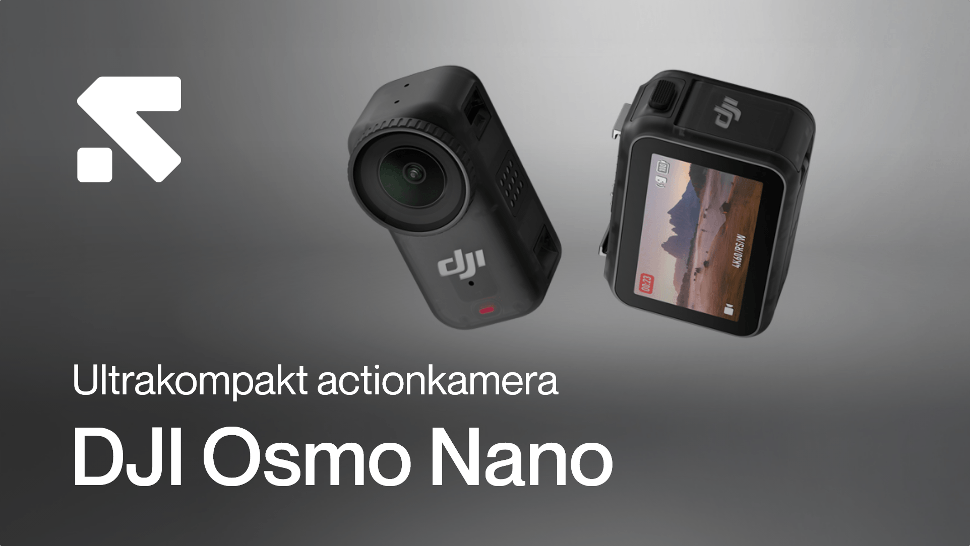 Ultrakompakta DJI Osmo Nano actionkamera visas mot en grå bakgrund, med en kamera som visar en landskapsbild på skärmen. tva-ultrakompakta-dji.png