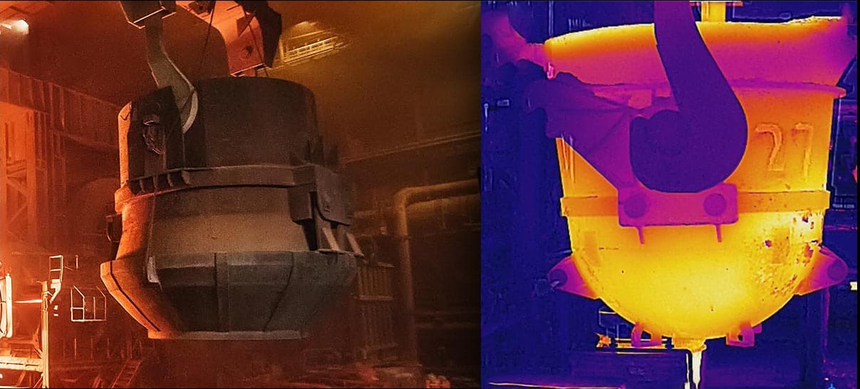 En stor metallbehållare i en industriell miljö visas i både naturligt och termiskt ljus, vilket avslöjar värmefördelningen.