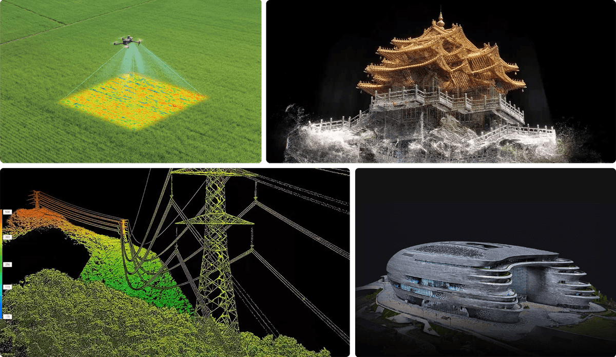 1. Drönare skannar fält med sensorteknik för precisionsjordbruk. 2. 3D-modell av byggnad skapad med punktmolnsteknik. 3. Färgkodad punktmolnsvisualisering av kraftledningar och vegetation. 4. Futuristisk byggnad avbildad med högupplöst 3D-skanning.