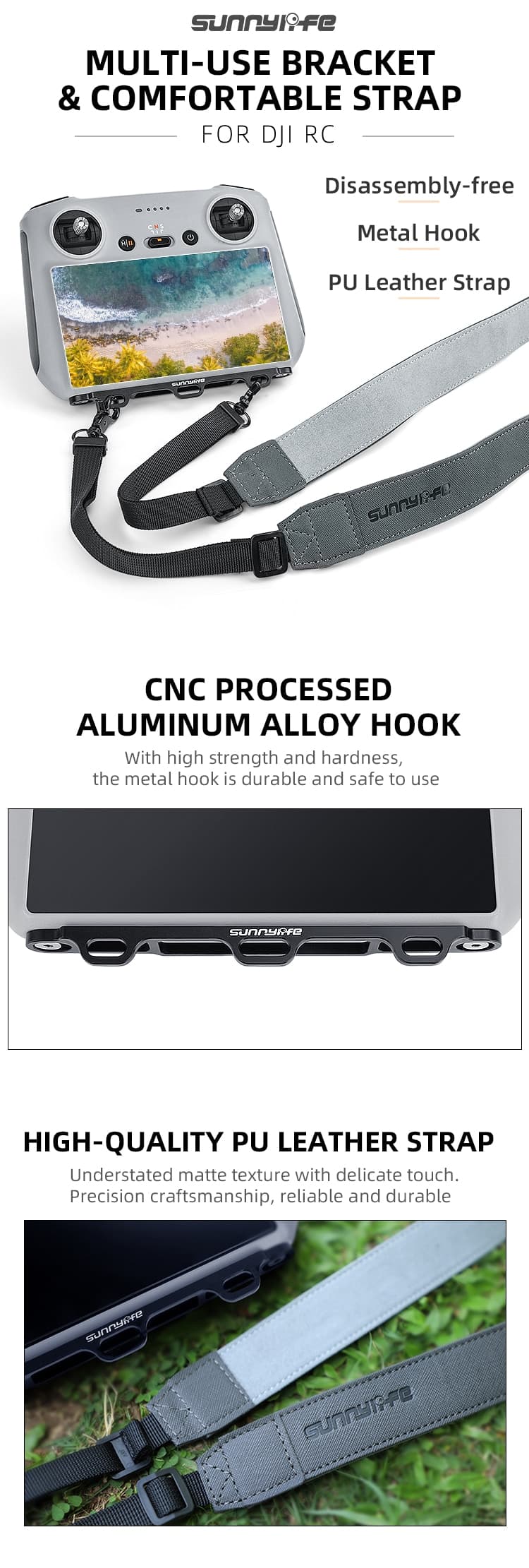 Sunnylife Controller Hanger Bracket with PU Leather Strap Shoulder Belt Lanyard for Mini 3 Pro Controller DJI RC