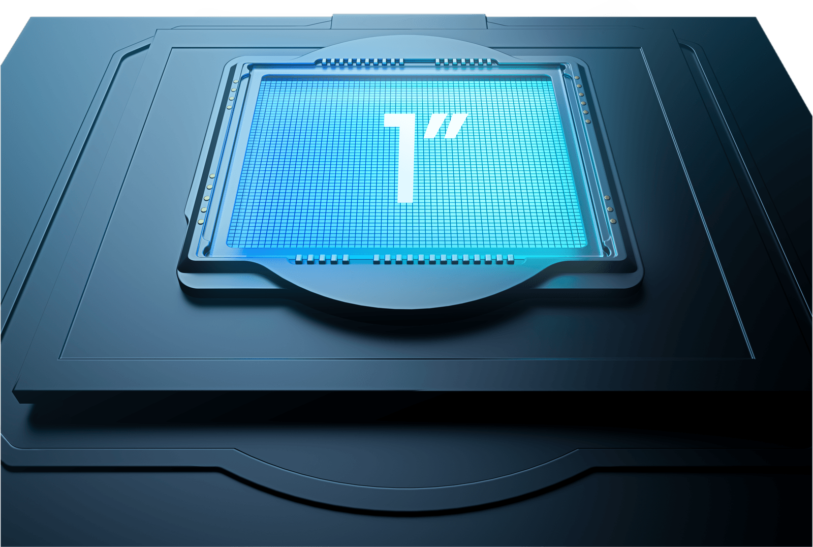 En futuristisk bildsensor med en storlek på 1 tum visas i en högteknologisk miljö.