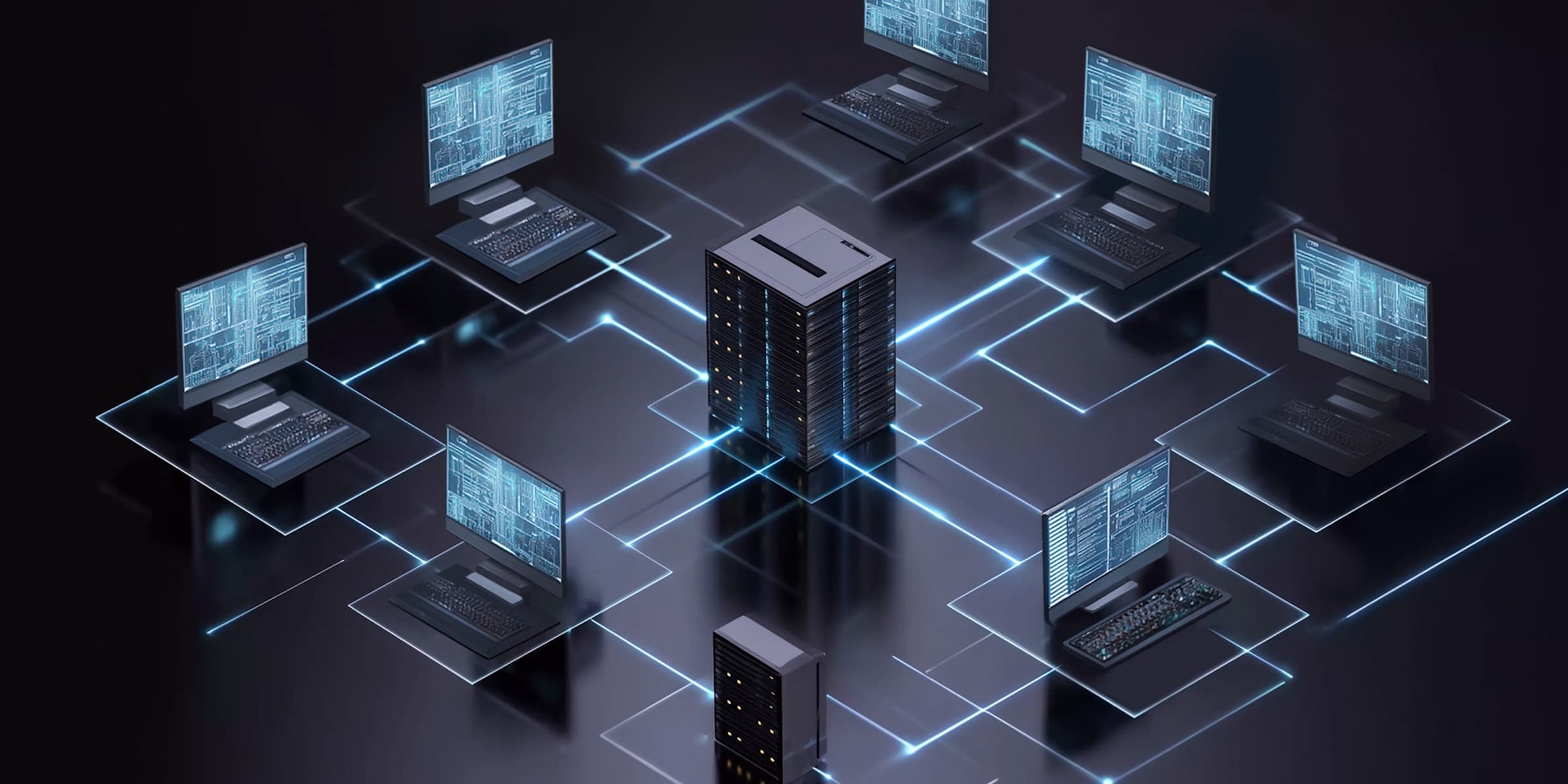 En central server är ansluten till flera datorer i ett nätverk, vilket illustrerar ett digitalt datacenter.