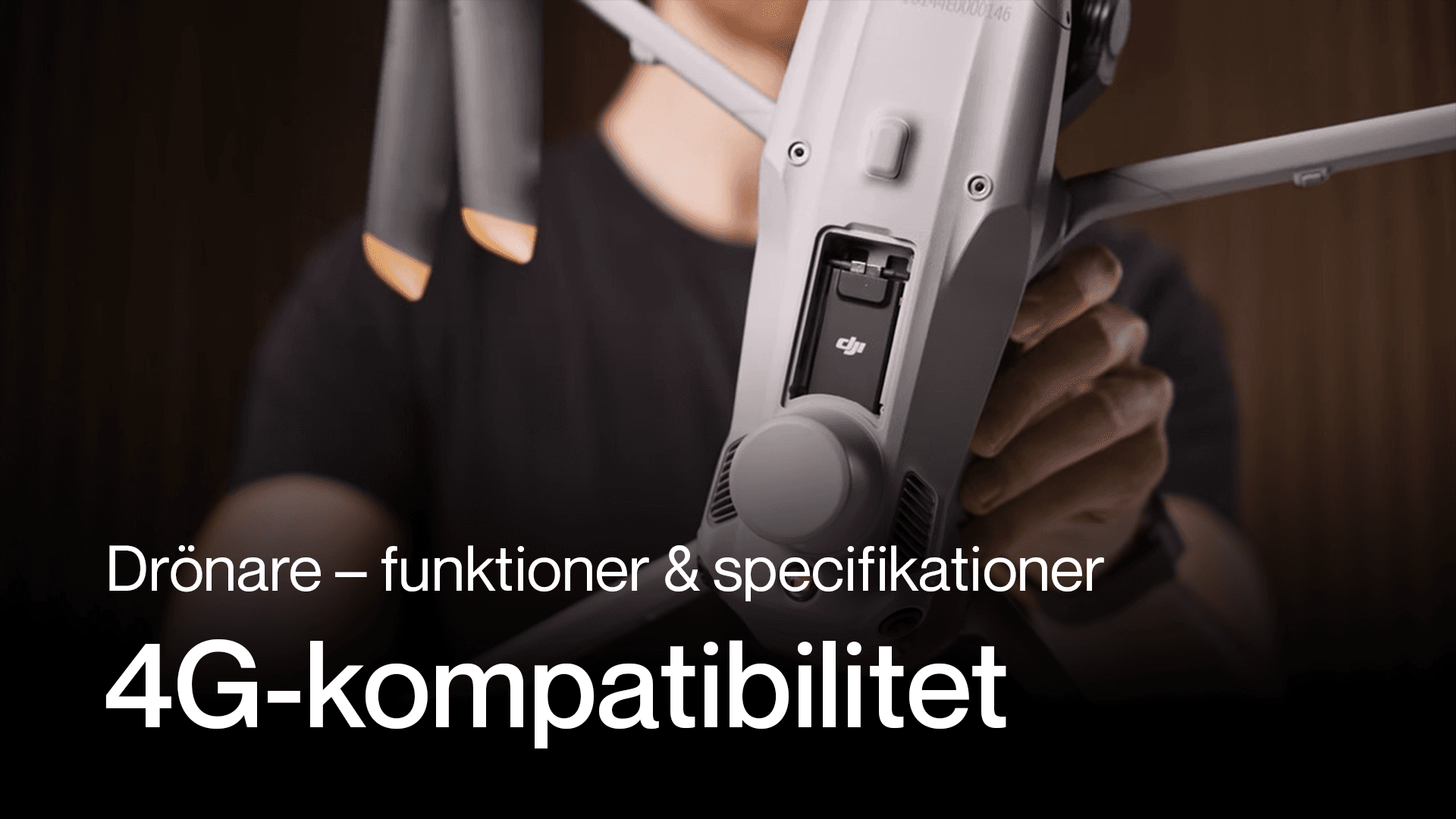 En person håller en drönare med fokus på dess 4G-kompatibilitet och funktioner.