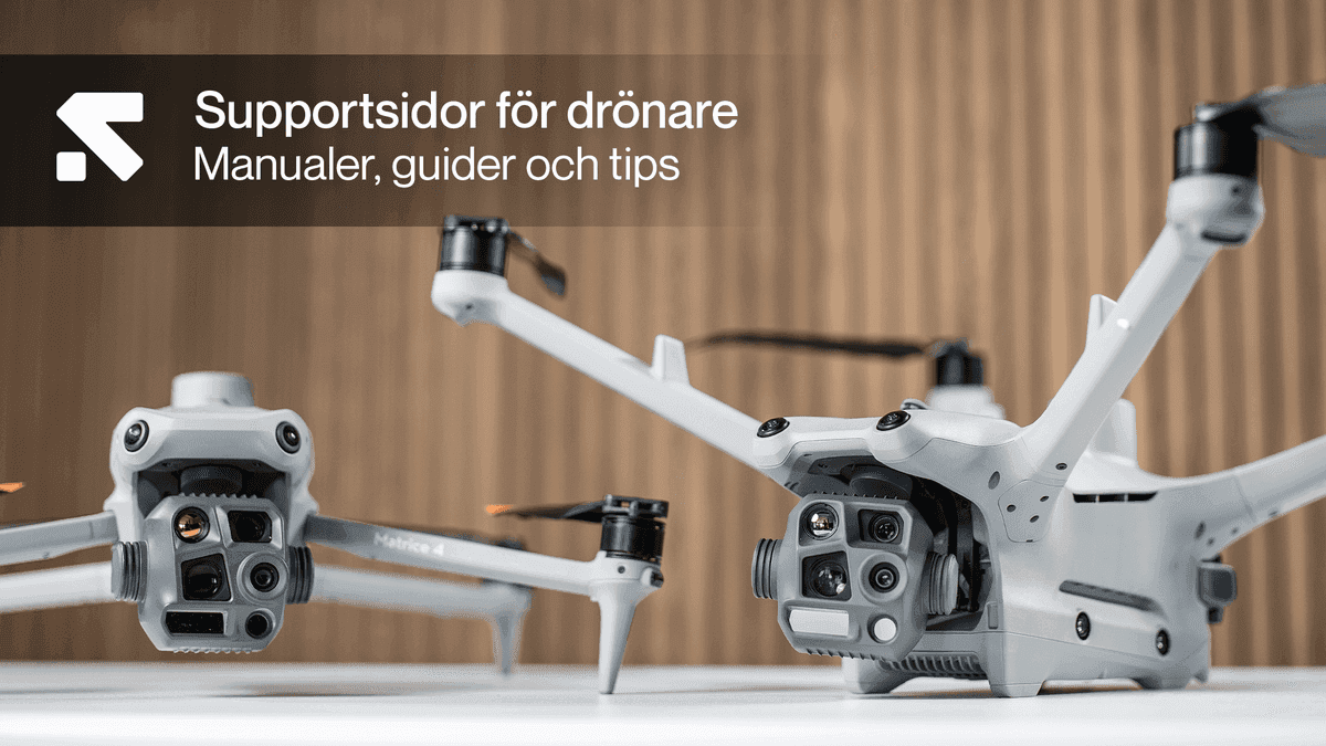 Två avancerade drönare visas på ett bord med texten 'Supportsidor för drönare: Manualer, guider och tips' i bakgrunden.