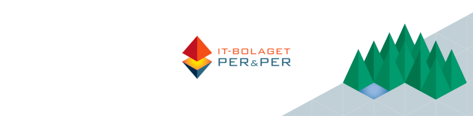 Logotypen för IT-Bolaget Per & Per visas mot en geometrisk bakgrund med stiliserade gröna träd.