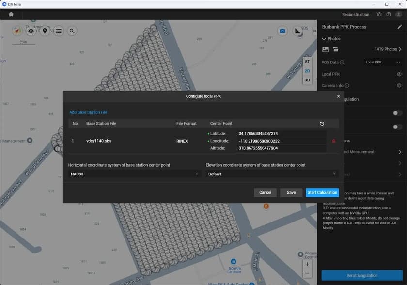 En skärmbild av ett program som konfigurerar en lokal PPK-process med en karta i bakgrunden och detaljer om basstationsfilen visas.