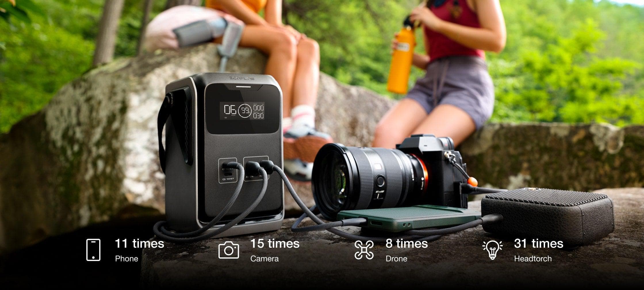 A portable power station is charging multiple devices, including a camera and a phone, on a rock in a forest setting. Two people are sitting in the background, one holding a water bottle.