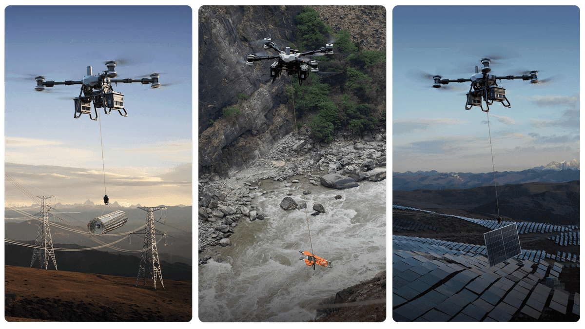 Tre drönare utför olika uppgifter: en transporterar en kabel över kraftledningar, en annan räddar en person över en flod, och den tredje flyttar en solpanel över ett solkraftverk.