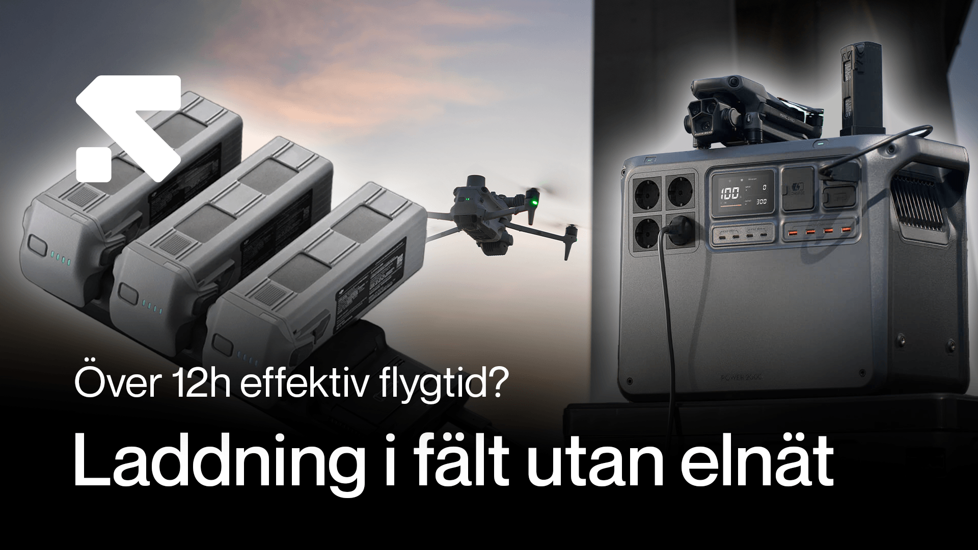 En person håller en bärbar EcoFlow-strömkälla, omgiven av olika batterier och laddningsenheter, med texten 'Laddning i fält utan elnät - Hur många batterier?'. Planering av flygtid.png