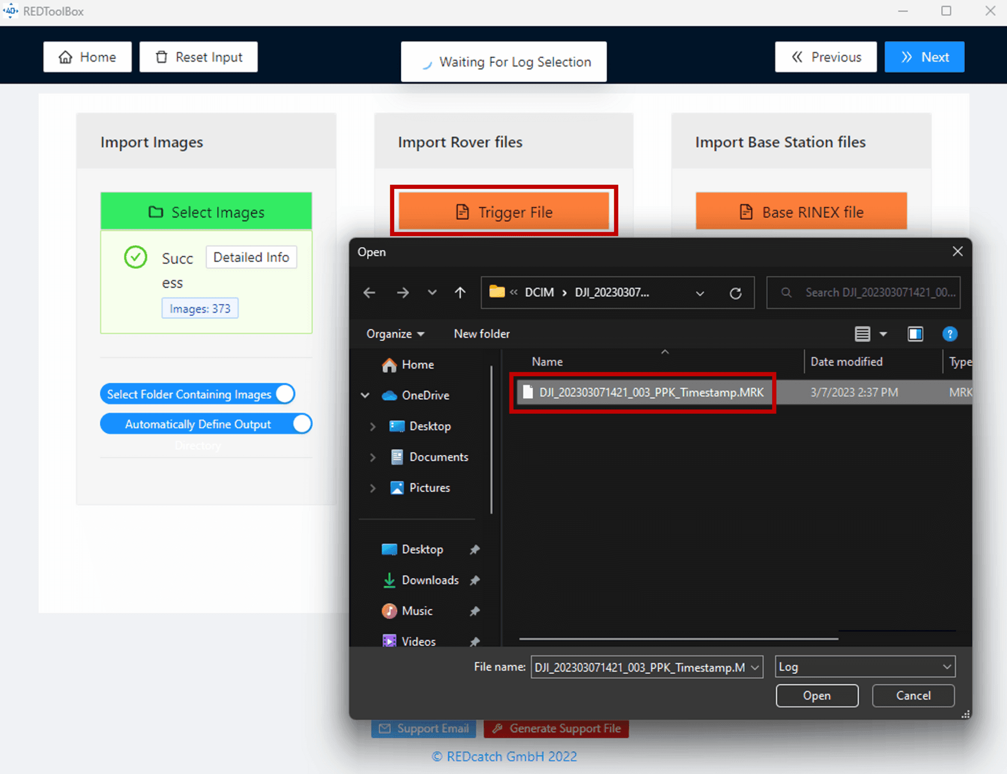 En programvarugränssnitt visar importalternativ för bilder och roverfiler, med en filväljare som markerar en MRK-fil för import.