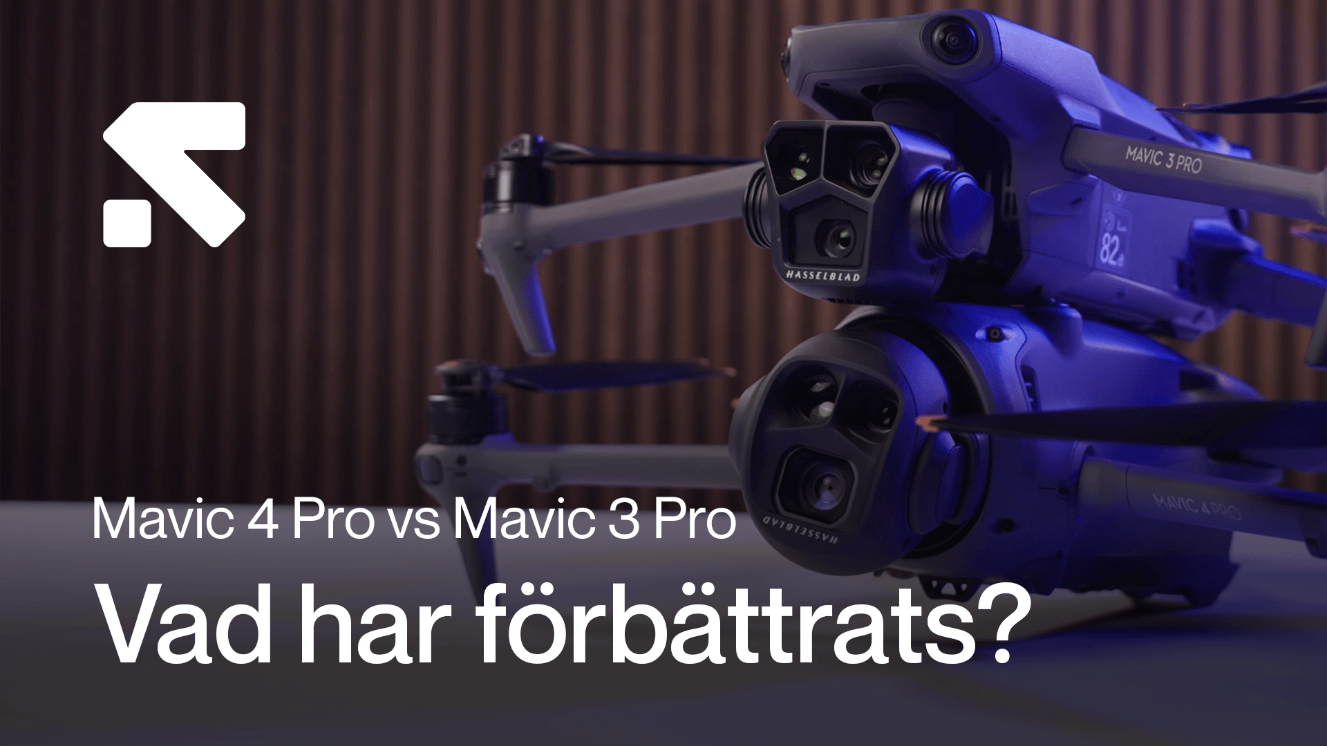 Två drönare, Mavic 4 Pro och Mavic 3 Pro, visas sida vid sida i en jämförelse med fokus på förbättringar. tva-dronare-mavic.png