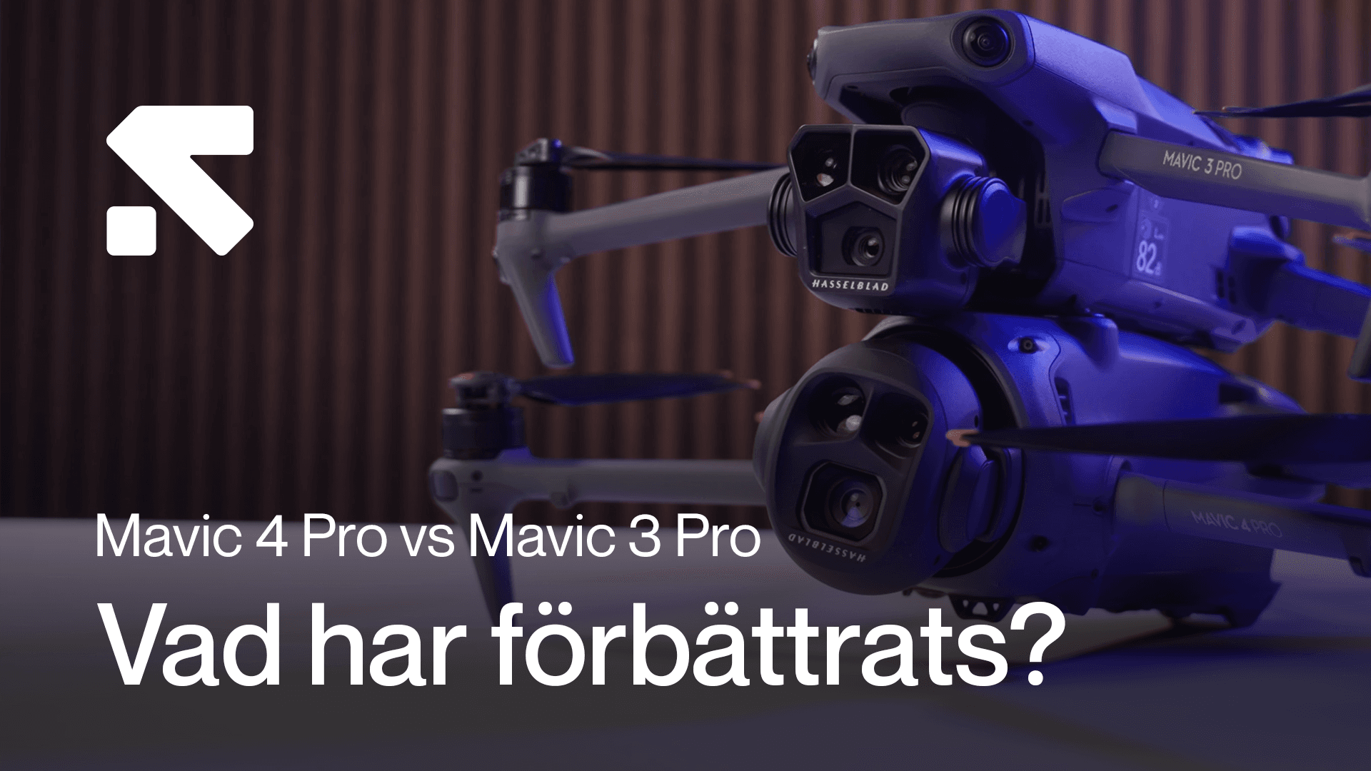 Två drönare, Mavic 4 Pro och Mavic 3 Pro, visas sida vid sida i en jämförelse med fokus på förbättringar.