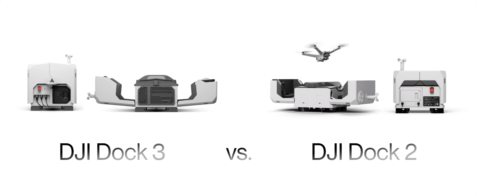Jämförelse mellan DJI Dock 3 och DJI Dock 2, med drönare som lyfter från Dock 2.
