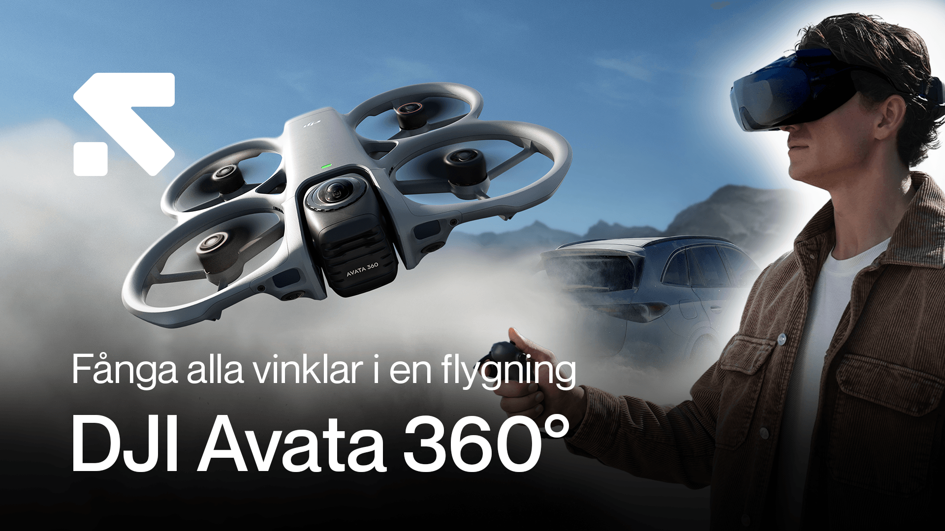En person med DJI Goggles-headset styr en DJI Avata 360° drönare i en naturskön miljö, med texten 'Fånga alla vinklar i en flygning'. DJI Avata 360 med RC Motion 3 och goggles.png