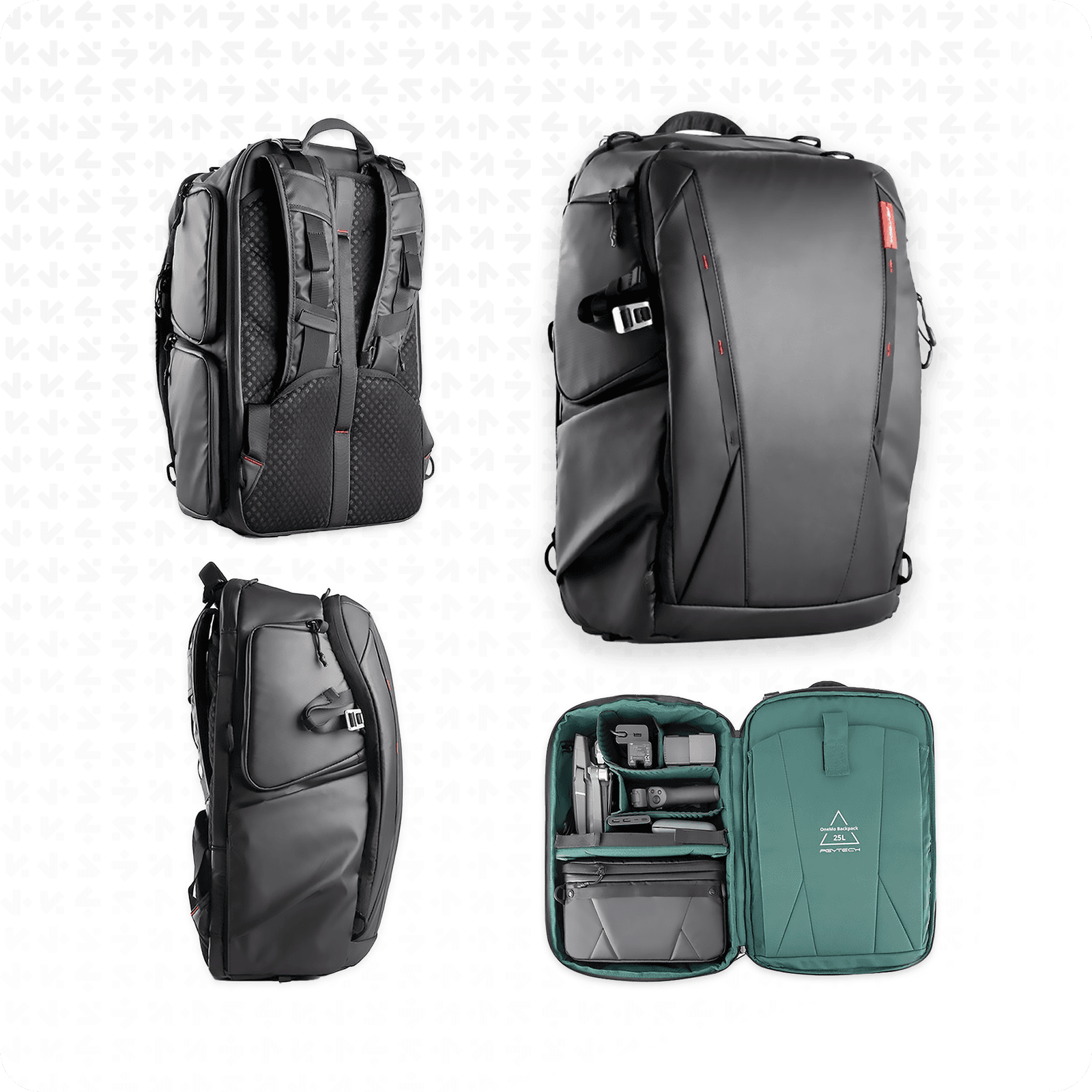 En mångsidig svart pgytech osmo onemo-ryggsäck visas från olika vinklar, med en öppen vy som avslöjar organiserade fack för teknik och tillbehör.