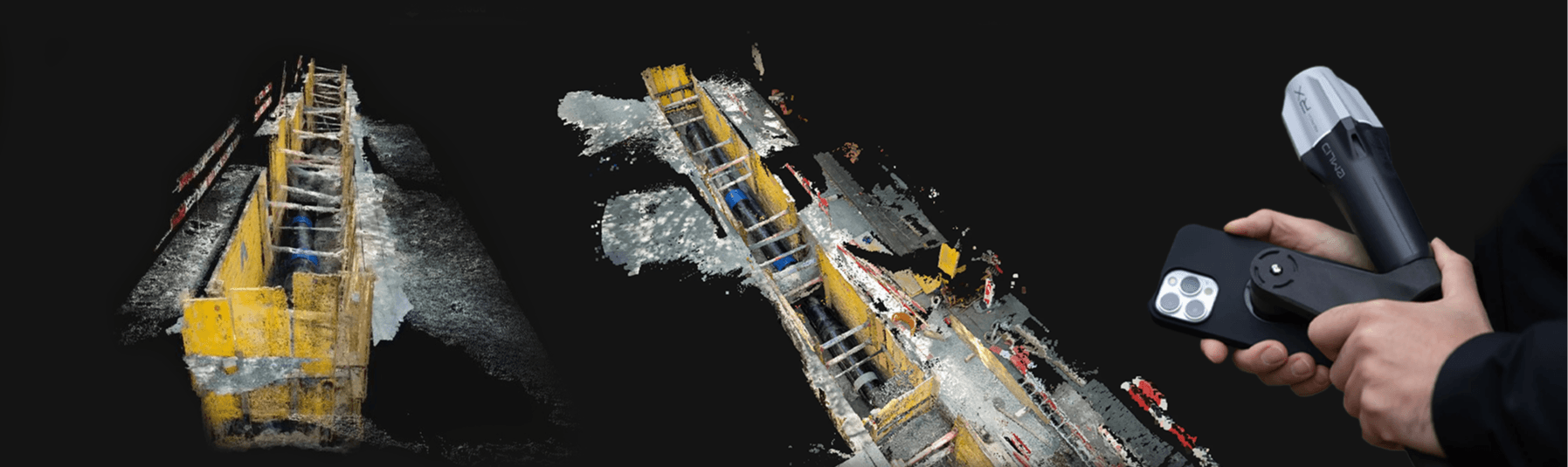 En person håller en avancerad skanningsenhet och smartphone, som projicerar en detaljerad 3D-modell av en byggarbetsplats.