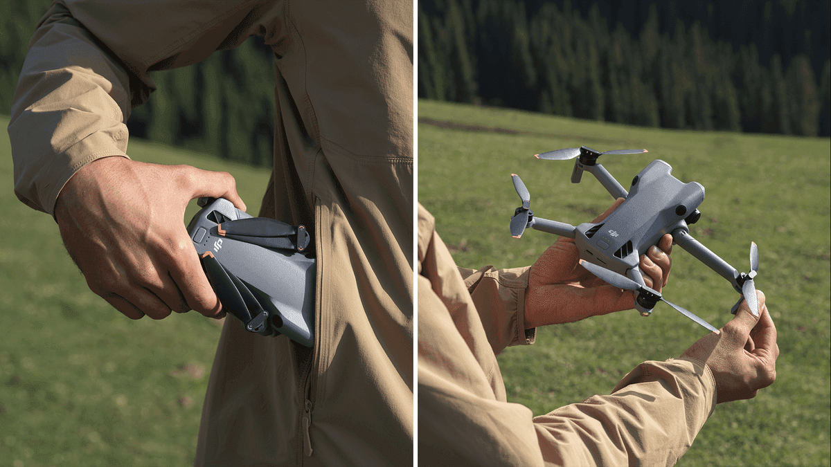 En person tar fram en kompakt drönare ur sin jackficka och förbereder den för flygning i en grönskande utomhusmiljö.