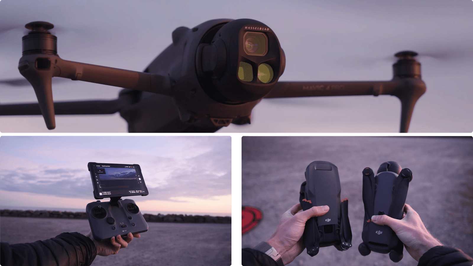 En drönare med avancerad kamera svävar i skymningen, medan en person håller en fjärrkontroll med skärm och jämför två hopfällda drönare vid en strand.