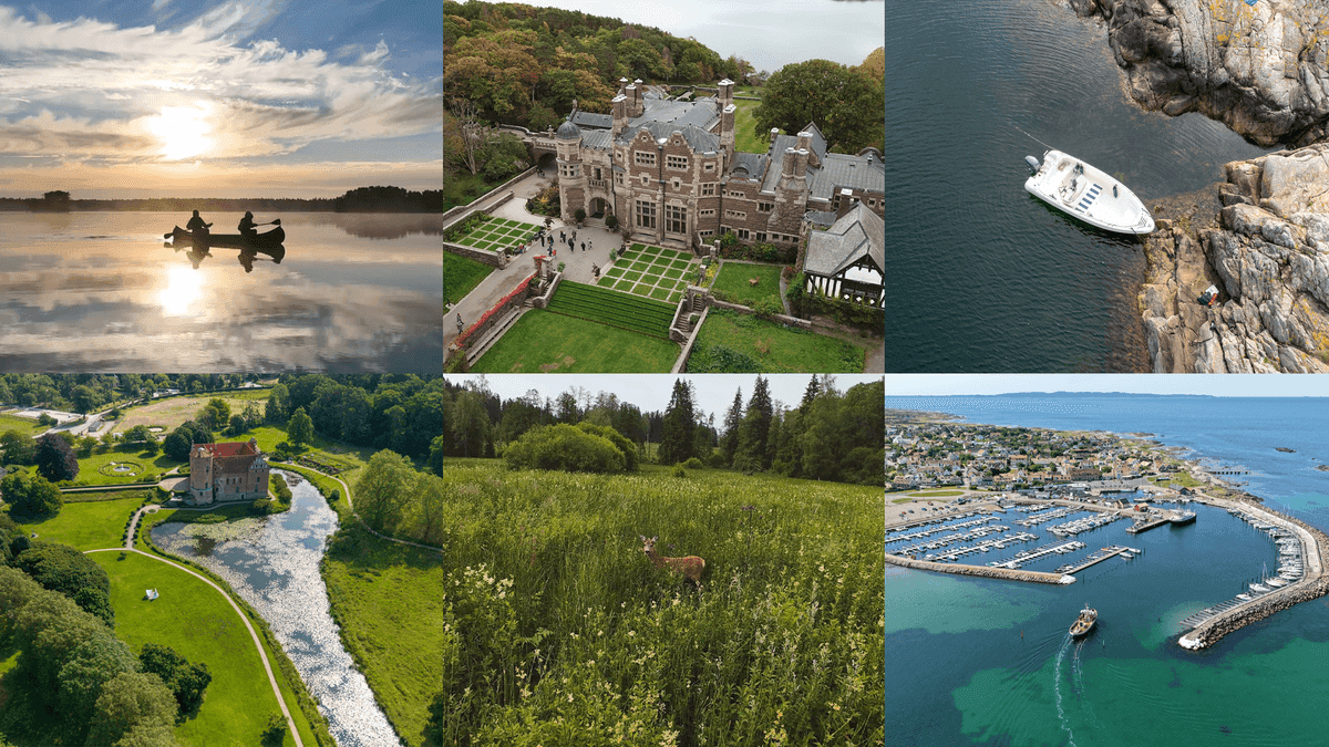 1. Två personer paddlar en kanot på en sjö vid solnedgången.
2. Ett slott omgivet av trädgårdar och skog.
3. En båt förtöjd vid klippiga kuster.
4. Ett slott med vallgrav och natur.
5. En hjort i ett fält med skog.
6. En hamn med båtar och stad vid kusten.