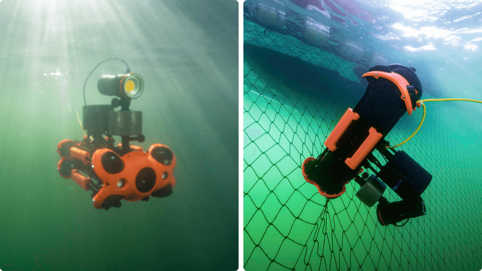 Två undervattensrobotar utför inspektioner; den ena svävar i det solbelysta vattnet medan den andra undersöker ett nät.