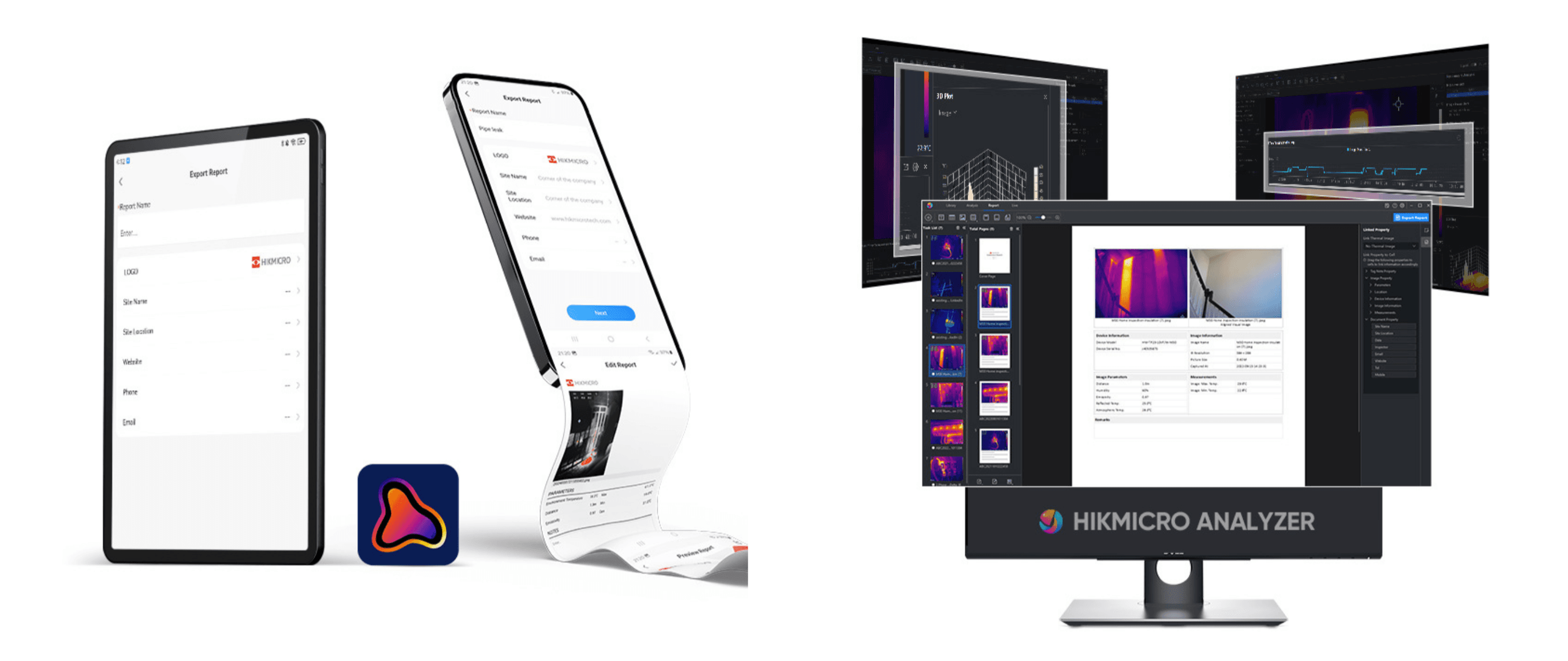 En surfplatta och en smartphone visar rapportgenerering, medan en datorskärm visar termisk analys med HIKMICRO Analyzer-programvara.