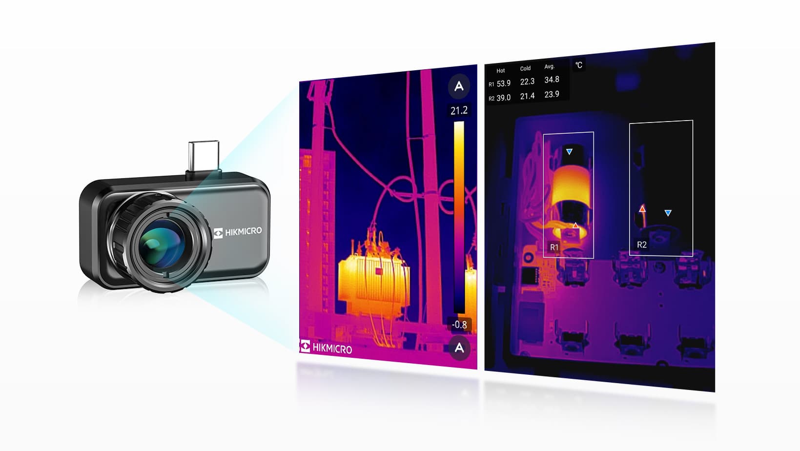 En värmekamera från HIKMICRO visar en termisk bild av elektrisk utrustning, med temperaturavläsningar i olika färgskalor.