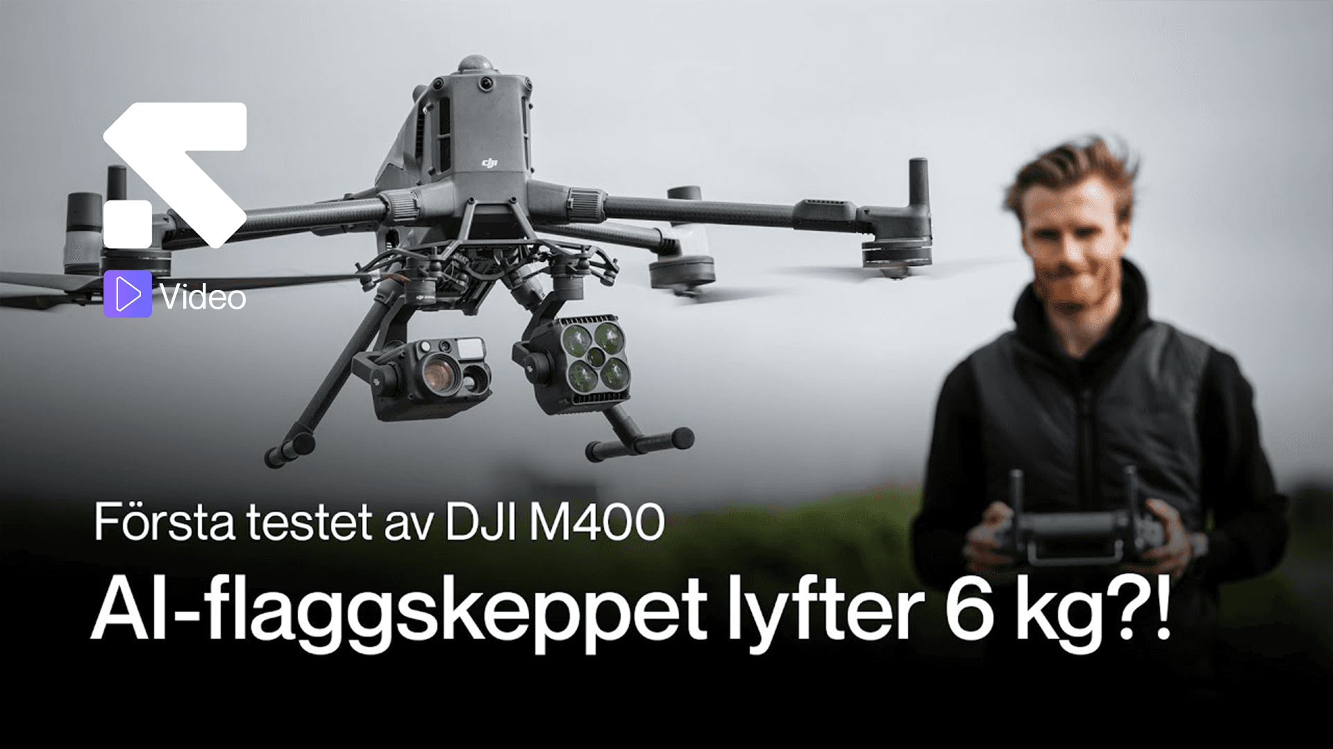 En man styr en DJI M400-drönare under ett test, med fokus på dess förmåga att lyfta 6 kg.