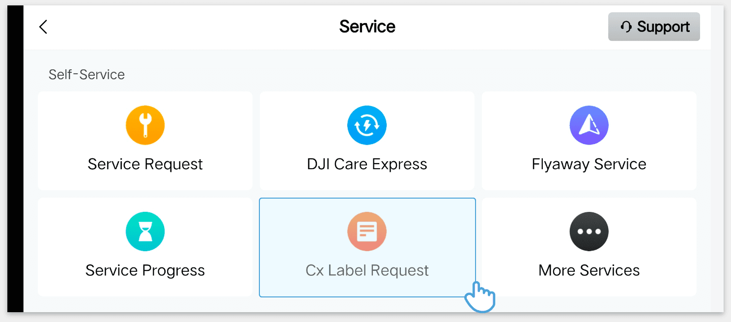 "En användargränssnittsskärm visar olika självbetjäningsalternativ, inklusive serviceförfrågan och DJI Care Express."