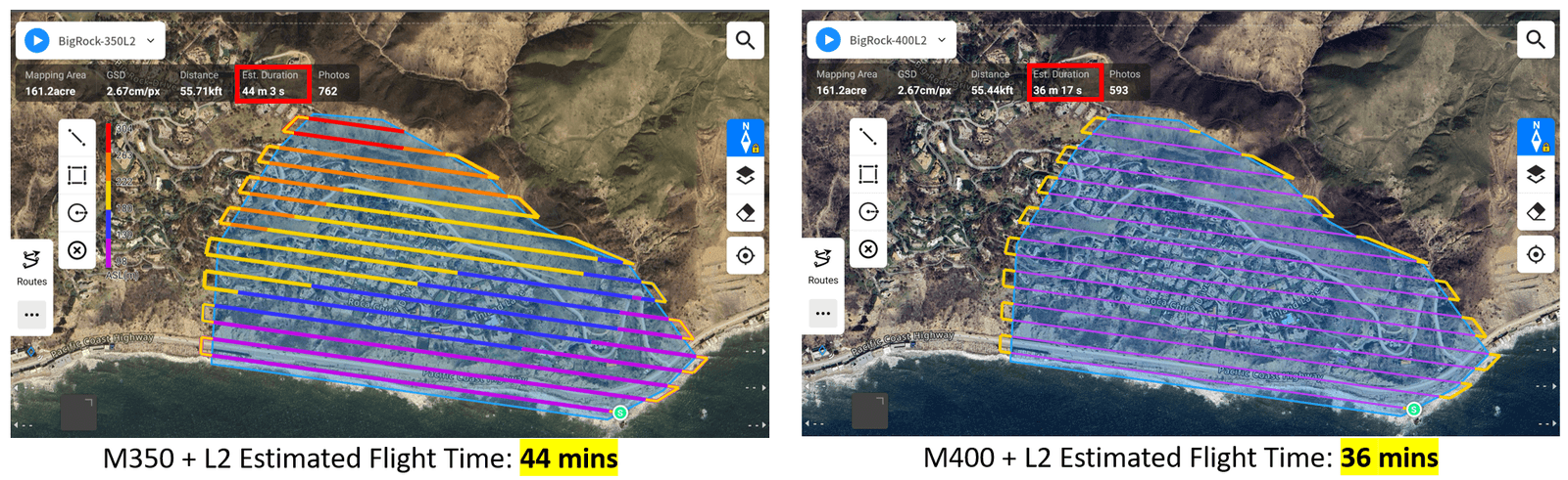 Två kartor visar planerade flygrutter för drönare över ett kustområde. Den vänstra kartan har en uppskattad flygtid på 44 minuter, medan den högra kartan visar 36 minuter.