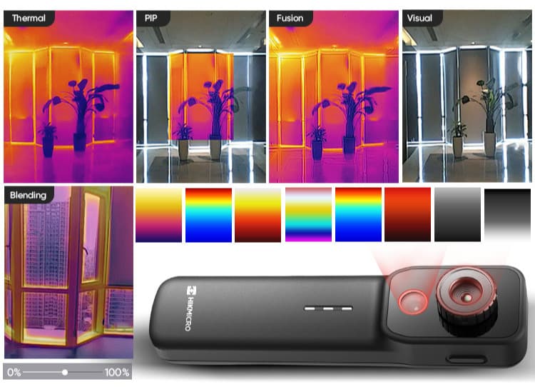 En termisk kamera visar olika bildlägen, inklusive termisk, PIP, fusion och visuell, med en enhet i förgrunden. Färgskalor och blandningsalternativ visas också.