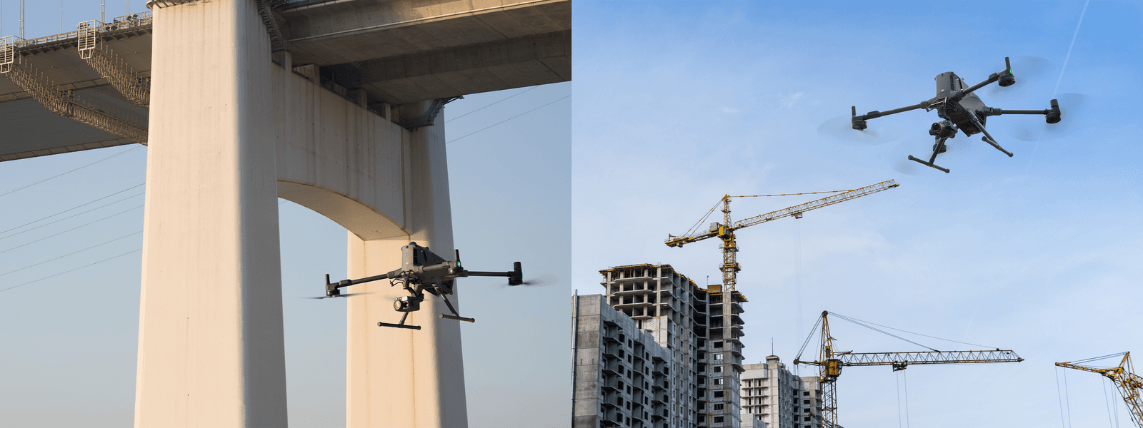 En DJI Matrice 400 inspekterar en bro och en byggarbetsplats, vilket visar dess användning inom infrastrukturövervakning.
