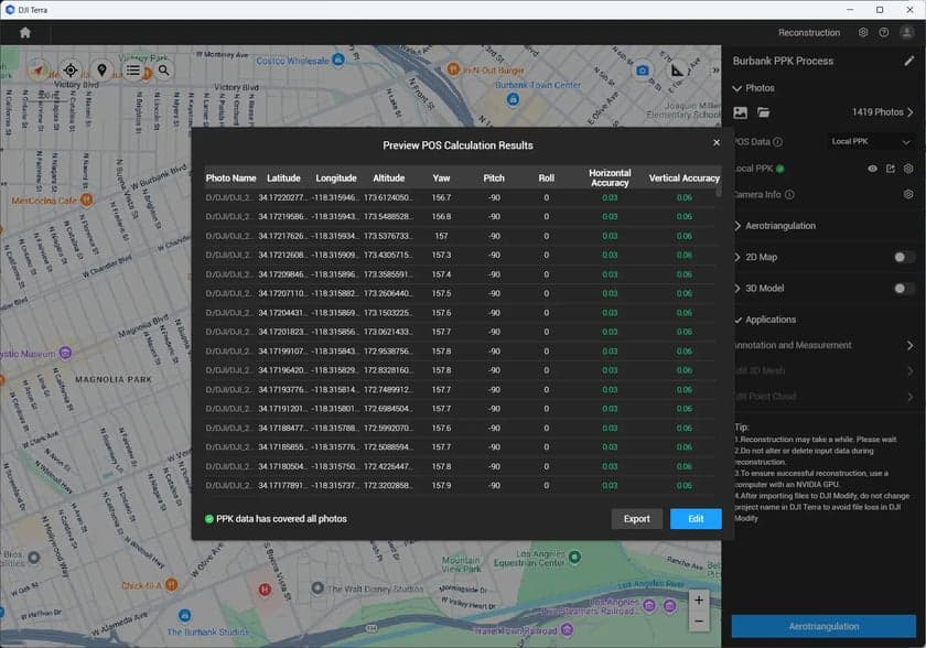 En skärmbild av en kartapplikation som visar POS-beräkningsresultat för foton, med detaljer som latitud, longitud och noggrannhet, överlagrat på en stadsdel i Burbank.