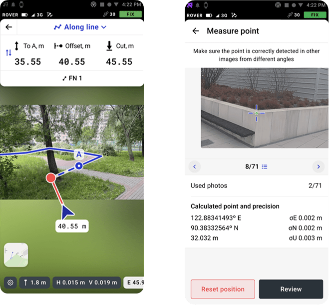 Två skärmbilder från en geolokaliseringsapp visar mätningar och precision för en punkt i en utomhusmiljö. Den vänstra bilden visar en karta med en linje och avstånd, medan den högra bilden visar en mätpunkt med koordinater och precision.