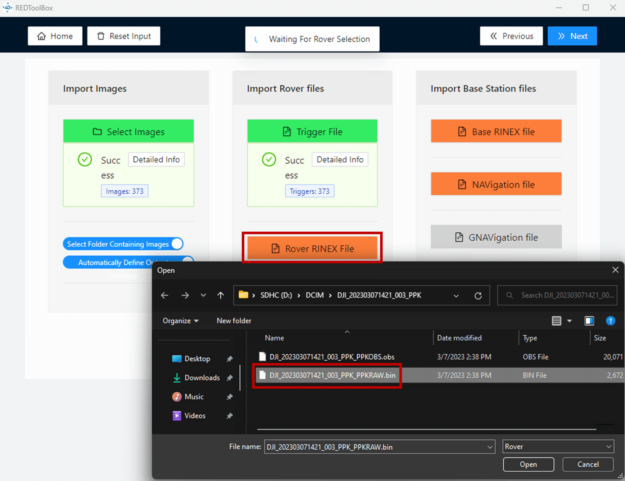 En programvarugränssnitt visar importalternativ för bilder och roverfiler, med ett filutforskarfönster öppet för att välja en BIN-fil.