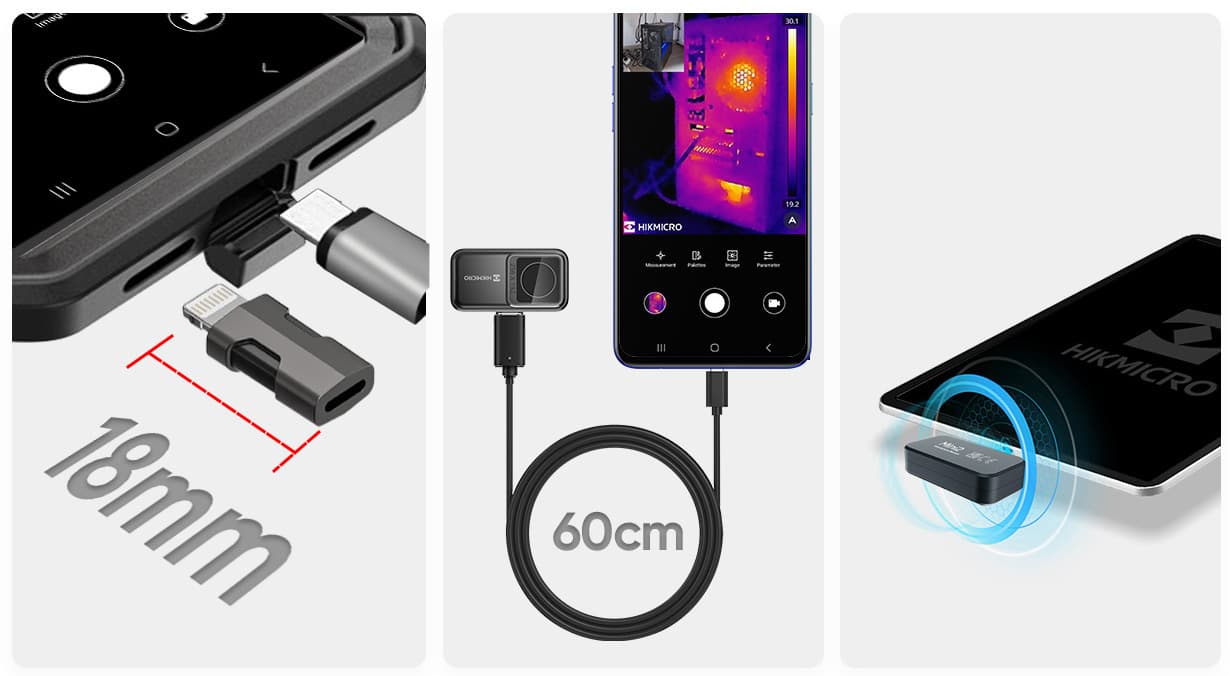 En smartphone ansluts till en termisk kamera med en 18 mm adapter och en 60 cm kabel, vilket visar en värmebild på skärmen.