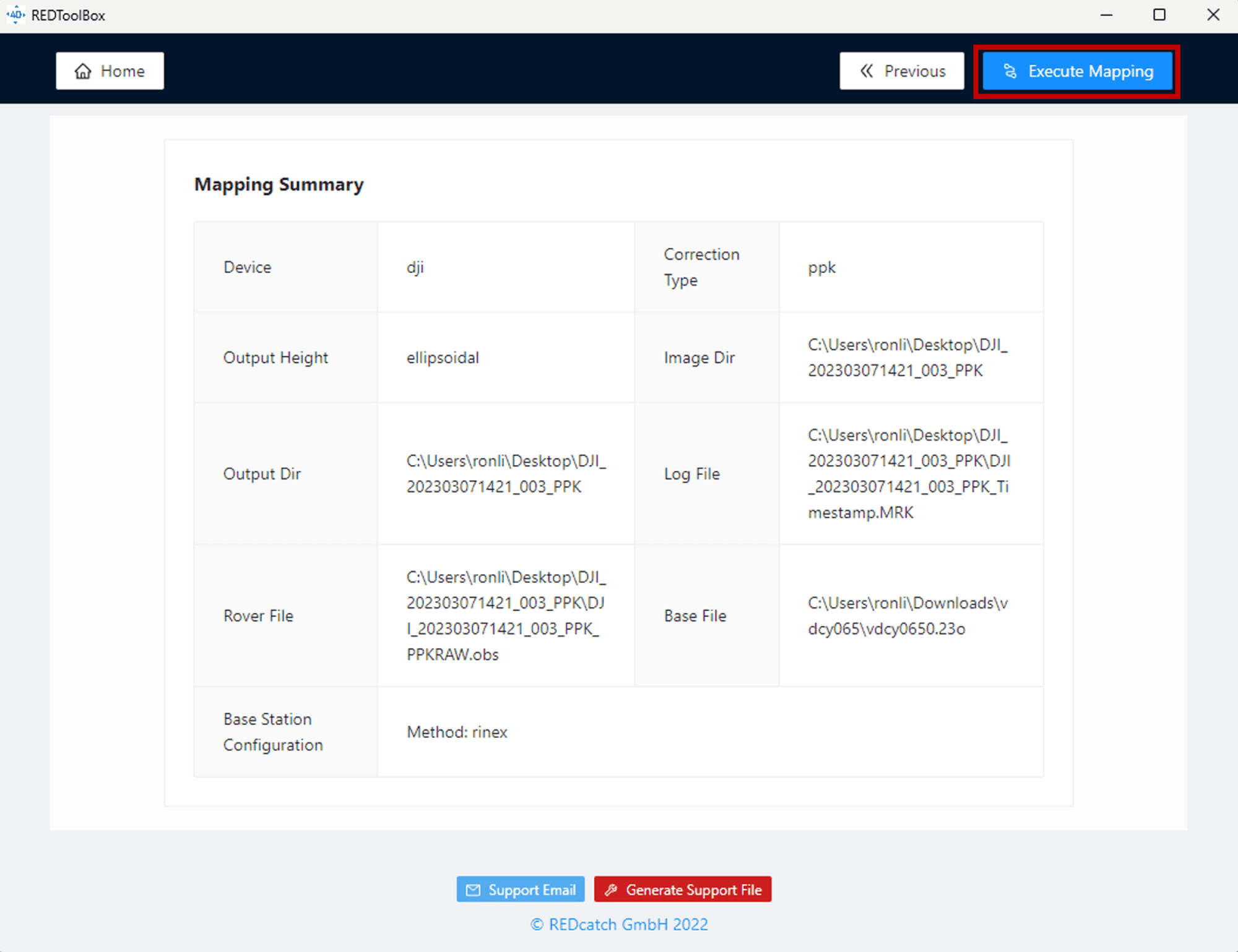 Skärmbild av REDToolBox-programvaran som visar en sammanfattning av kartläggningsinställningar, inklusive enheter, utdata och filvägar, med en knapp för att utföra kartläggning.