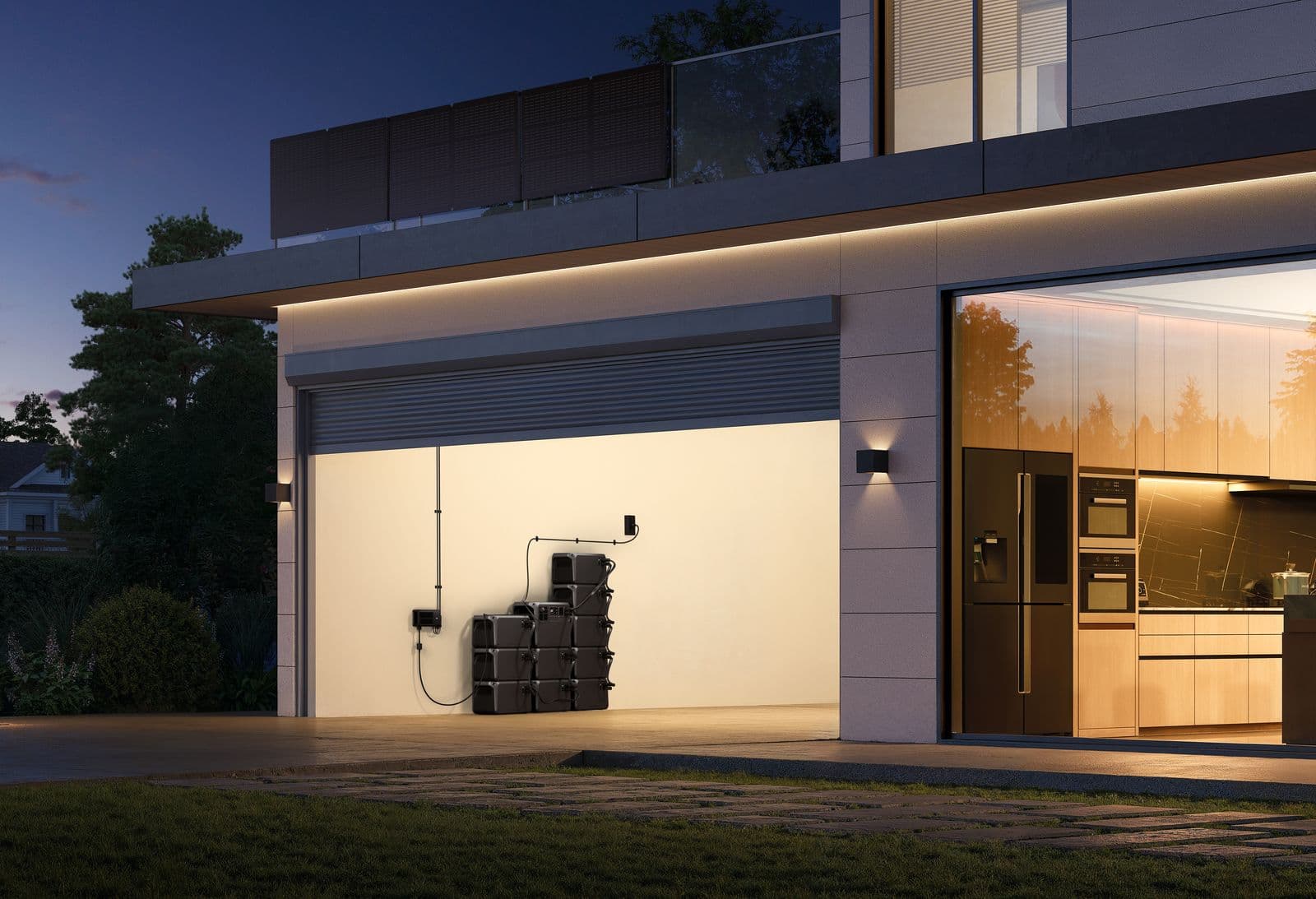 Stapelbar DJI Power 2000 med flera extra expansionsbatterier som är sammankopplade i ett garage.