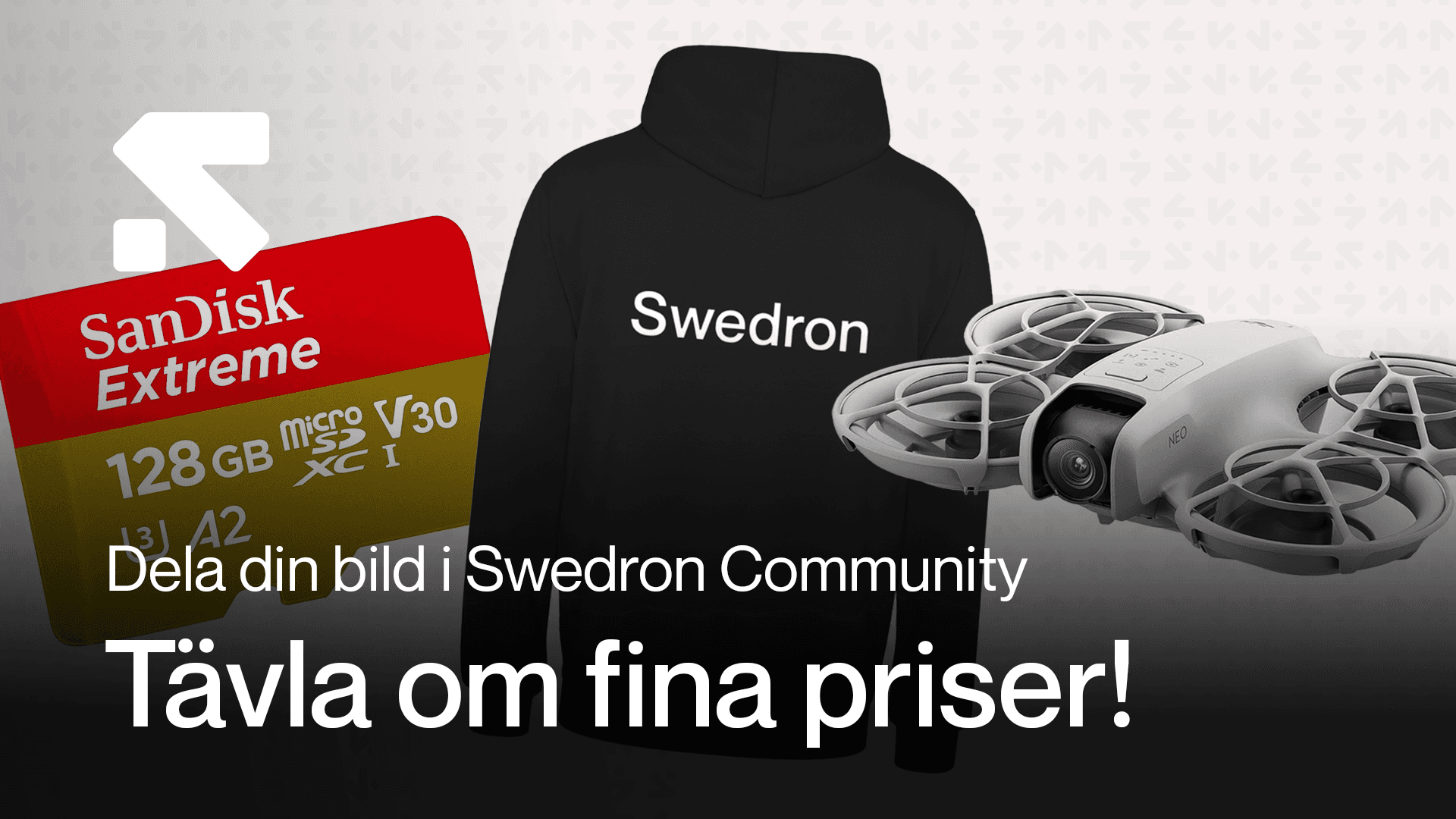 Reklam för en tävling i Swedron Community med priser som en SanDisk Extreme microSD-kort, en Swedron-tröja och en drönare.