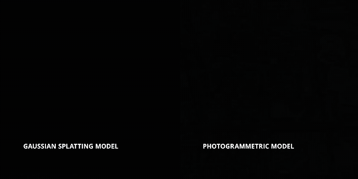 En jämförelse mellan två 3D-modeller: den vänstra visar en 'Gaussian Splatting Model' och den högra en 'Photogrammetric Model', båda roterande för att visa olika perspektiv.