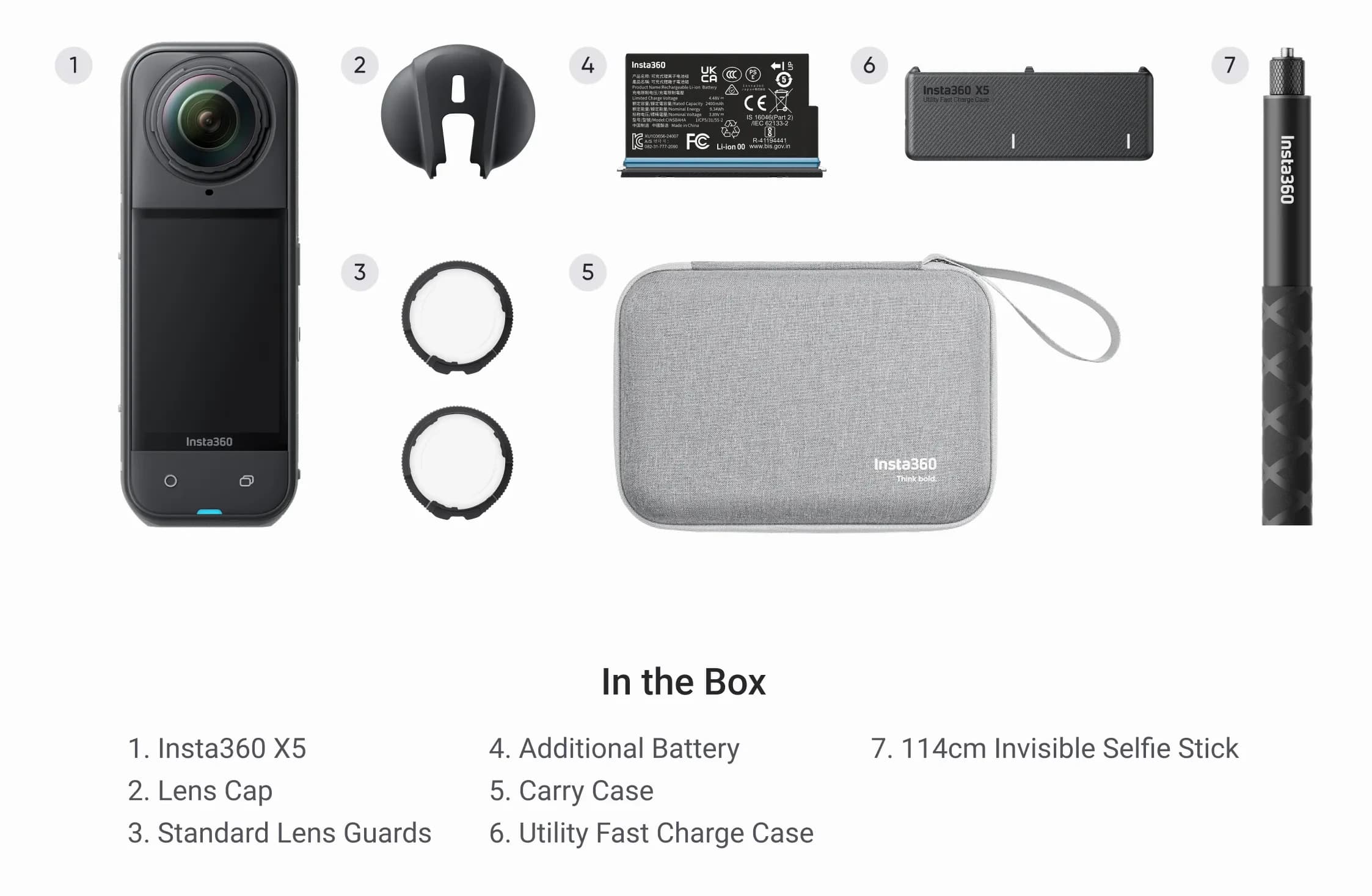 Bild av innehållet i Insta360 X5-paketet, inklusive kameran, linslock, standardlinskydd, extra batteri, bärväska, snabbladdningsfodral och en 114 cm osynlig selfiepinne.