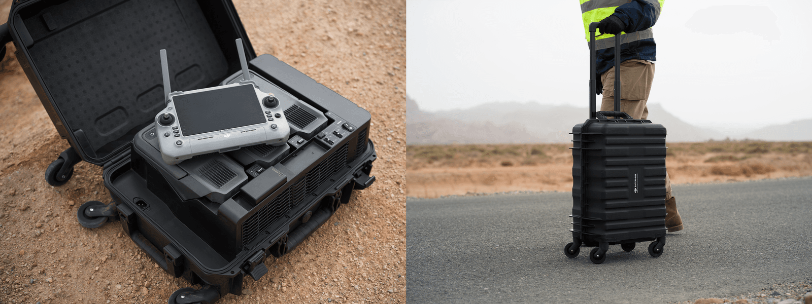 En robust transportväska innehåller drönarutrustning för DJI Matrice 400 på en grusväg. En person i arbetskläder drar väskan på en asfalterad väg i ett ökenlandskap.