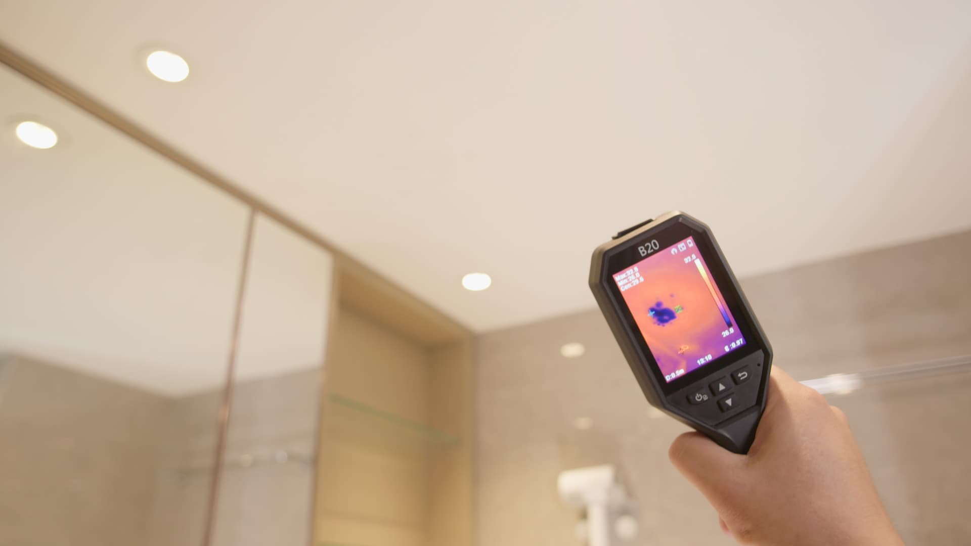 Hand håller en Hikmicro B20 värmekamera riktad mot ett innertak, med värmebilden på skärmen